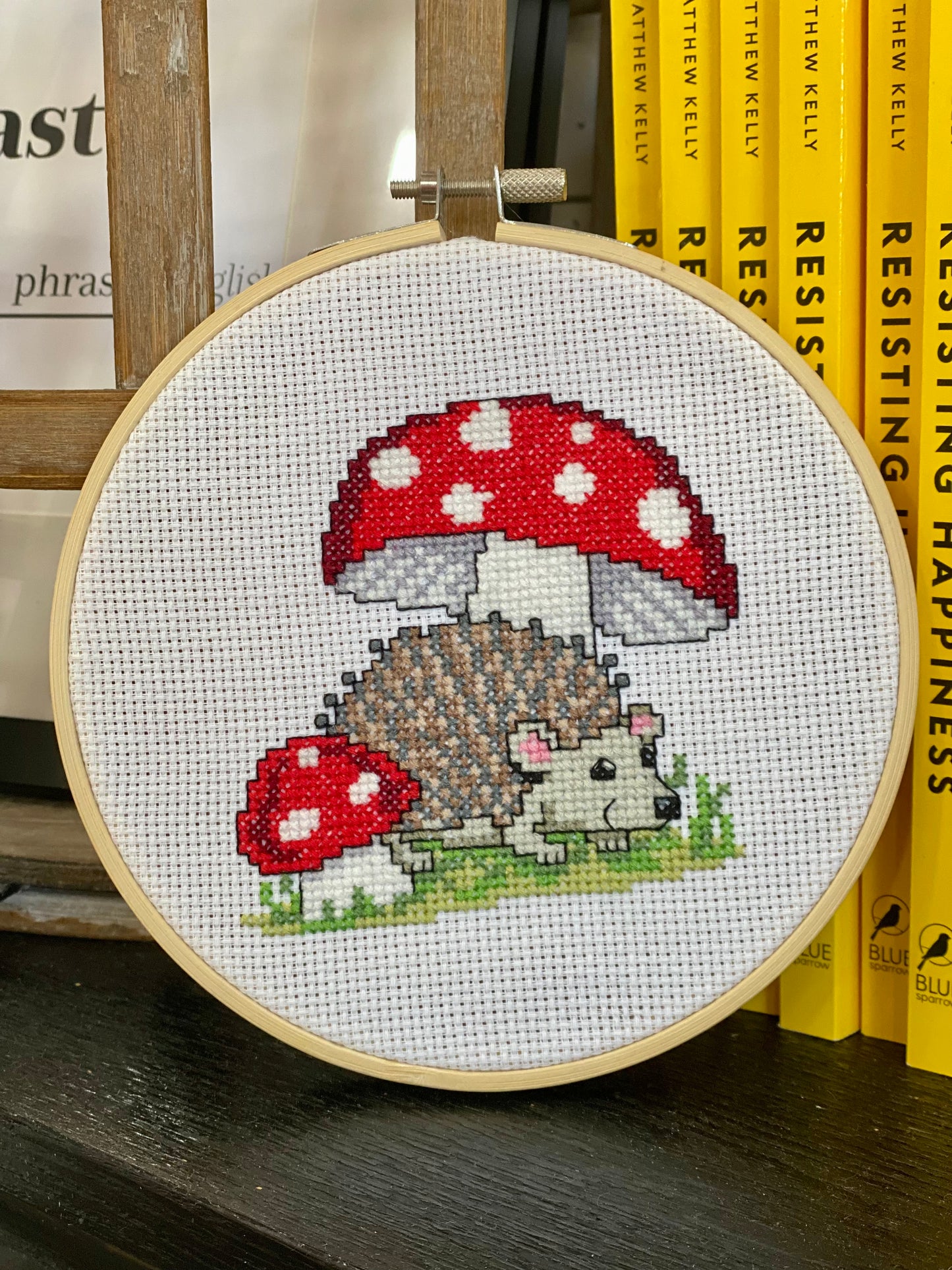 Hedgehog and Mushrooms Cross Stitch in 5” Hoop