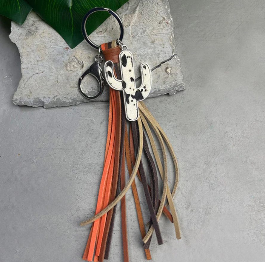 Cactus Tassel Leather Keychain